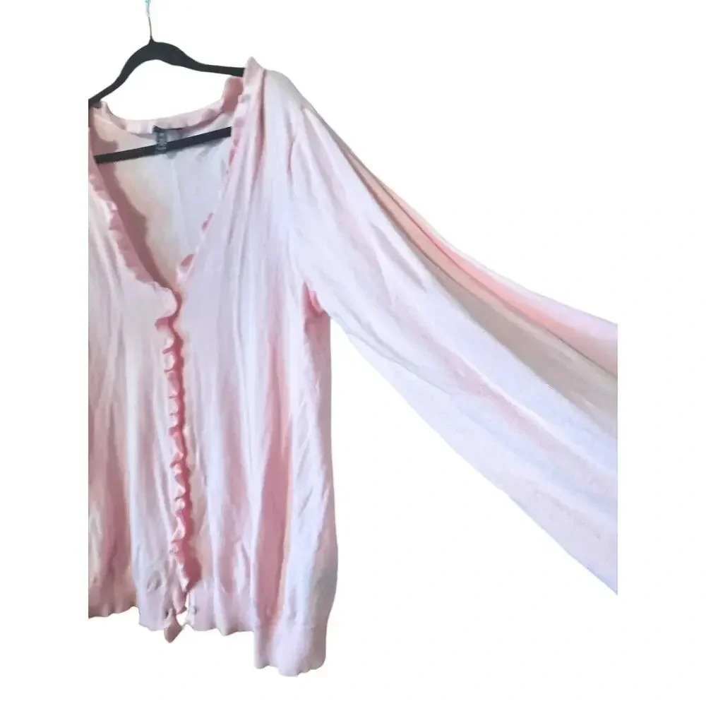 Lauren Ralph Lauren Cardigan 2X Pink Ruffle Trim Cotton Knit Coquette - Picture 8 of 8